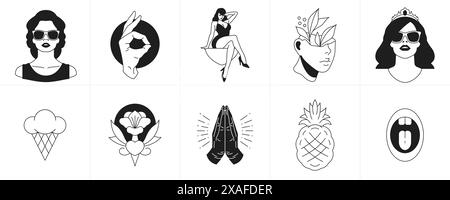 Retro groovy monochrome Aufkleber Tattoo Cartoon Charaktere und Elemente Icon Set Vektor Illustration. Surreales trendiges Emblem Vintage Frau okay sculptu Stock Vektor