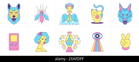 Surreale Emoji lustige Zeichentrickfigur Technologie Elemente und Symbol trendy groovy Icon Set Vektor flache Illustration. Psychedelische komische Funky Wolfsfliege Stock Vektor