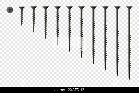 Satz Holzschrauben isoliert auf transparentem Hintergrund. Realistische 3D-Vektor-Illustration Stock Vektor