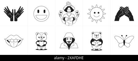 Monochrome Retro groovy Aufkleber trendige Zeichentrickfiguren und Elemente Linie Symbol Set Vektor Illustration. Surreales minimales Symbol Hände lächelnde Frau m Stock Vektor