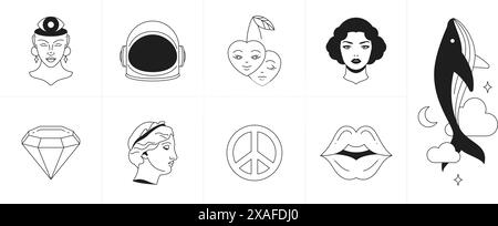 Surreale Retro groovy trendige Aufkleber Fancy Cartoon Charaktere monochrome Linie Icon Set Vektor Illustration. Psychedelische minimale Tätowierung spirituelle Frau Stock Vektor