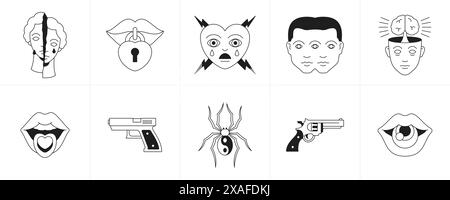 Retro groovy Aufkleber Y2K Art Tattoo monochrome Linie Zeichen und Elemente Icon Set Vektor Illustration. Zerrissene Skulptur Lippen Herz doppelter Mann Summen Stock Vektor