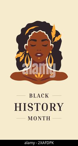 Schöne afrikanische Boho Frau in Schmuck Porträt schwarze Geschichte Monat Social Media Poster Vektor flache Illustration. Mode Afro Frauengesicht Freiheit PR Stock Vektor
