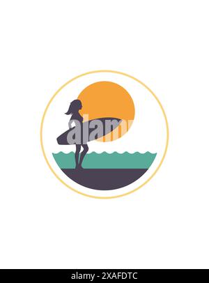 Frau Surfer mit Surfbrett Sonne Ozean Welle Silhouette Kreis Emblem Logo Vintage T Shirt Druck Vektor flache Illustration. Aktive Frau genießt das Surfen Stock Vektor