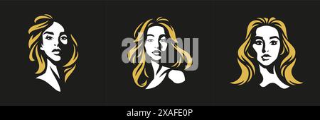 Blonde junge Frau abstraktes minimalistisches Porträt-Logo für Cosmetologist Stylist Set Vektor flache Illustration. Mode weiblicher Kopf lange goldene Haare styl Stock Vektor
