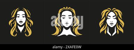 Schöne Frau Gesicht blond langes Haar Stil minimalistische Silhouette Mode Logo Set Vektor flache Illustration. Weibliches Porträt elegante Ikone für Cosmetol Stock Vektor
