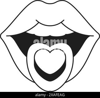 Y2K psychedelische Frau Lippen mit Herz monochrome Linie Retro groovy Icon Vektor Illustration. Abstrakter weiblicher Mund mit Zungensymbol für Liebe minimal Stock Vektor