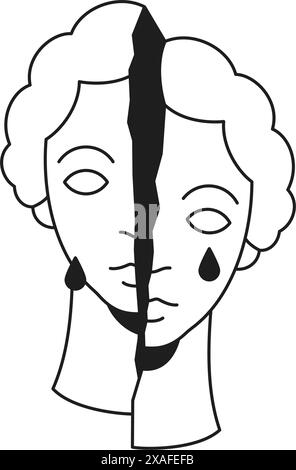 Y2K knackte weinende Mann Skulptur Kopf monochrome Linie Cartoon Charakter groovy Icon Vektor Illustration. Zerbrochenes halbes Denkmal-Statue Porträt mit Tee Stock Vektor