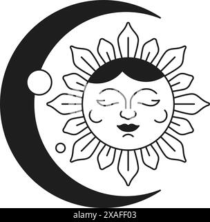 Y2K Sonne mit Halbmond Kunst Zeichentrickfigur monochrome Linie Retro groovy Icon Vektor Illustration. Sonniger Sonnenuntergang Sonnenaufgang psychedelische Natur Element mi Stock Vektor