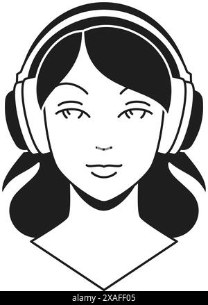 Y2K Frau Porträt in Kopfhörern DJ Musik Cyber Gaming monochrome Linie Retro groovy Icon Vektor Illustration. Moderne Frau in Ohrhörern Cyberspace GA Stock Vektor