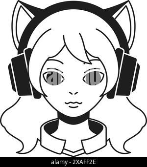 Y2K Moderne Frau Katze in Kopfhörer Musik DJ Cyber Gaming monochrome Linie Retro groovy Icon Vektor Illustration. Frau mit Tierohren in Ohrhörern p Stock Vektor