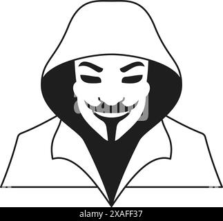 Y2K gruseliger lächelnder Mann in der Kapuze Halloween Zeichentrickfigur Portrait monochrome Linie Retro groovy Icon Vektor Illustration. Horror beängstigende männliche Kriminelle Stock Vektor