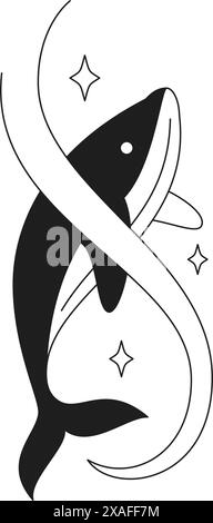 Y2K Zauberwal mit Wasserwelle und Sternen heilige monochrome Linie Retro groovy Icon Vektor Illustration. Mystisches Wassertier spiritueller Meeresfisch CA Stock Vektor