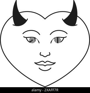 Y2K Teufelherz Halloween Comic Zeichentrickfigur Symbol der Liebe monochrome Linie Retro groovy Icon Vektor Illustration. Funky Hörner gruselig romantisch V Stock Vektor