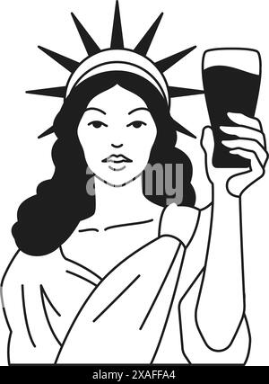 Y2K psychedelische Freiheitsstatue mit Glas Bier monochrome Linie Retro groovy Icon Vektor Illustration. Seltsames Denkmal Symbol der Freiheit und des Verdienstes Stock Vektor