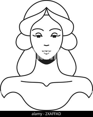 Y2K antike Frau schöne Göttin Porträt klassische Kunst monochrome Linie Retro groovy Icon Vektor Illustration. Alte Schönheit weibliches Gesicht Mode Vog Stock Vektor
