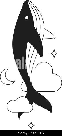 Y2K fliegender Zauberwal mit Wolkensternen und Halbmond Comic monochrome Linie Retro groovy Icon Vektor Illustration. Mystischer heiliger Geist des Wassertiers Stock Vektor