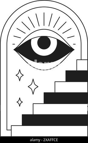 Y2K esoterisch alles sehende Auge mit Treppe heilige mystische monochrome Linie Retro groovy Icon Vektor Illustration. Alchemie spirituelle Mythologie magisches Symbol Stock Vektor