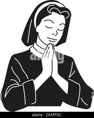 Y2K betende Nonne spirituelle religiöse Frau Portrait monochrome Linie Retro groovy Icon Vektor Illustration. Heilige heilige Religion weibliche Christentum Cath Stock Vektor