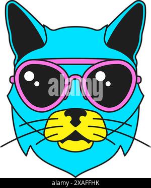 Y2K trendige psychedelische Katze in Sonnenbrille Porträt Cartoon Charakter groovy Icon Vektor flache Illustration. Surreale Modekatze Haustier i Stock Vektor