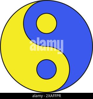 Y2K Yin Yang Symbol Cartoon Element der Balance und Harmonie groovige Stil Icon Vektor flache Illustration. Gelbe und blaue spirituelle Japan-Kultur kennzeichnen mich Stock Vektor