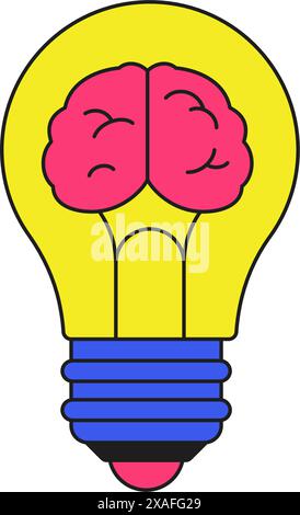 Y2K Glühbirne mit menschlichem Gehirn intelligente Innovation Idee groovige Stil Icon Vektor flache Illustration. Psychedelic Comic Elektrizität Energie Emoji Cartoon e Stock Vektor