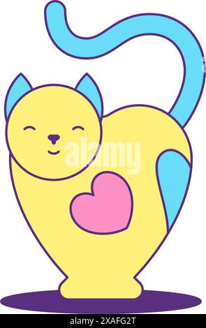 Y2K nette funky Katze mit Herz und Schwanz Comic Zeichentrickfigur groovy Stil Icon Vektor flache Illustration. Entzückendes Kätzchen Katzentier Haustier Stock Vektor