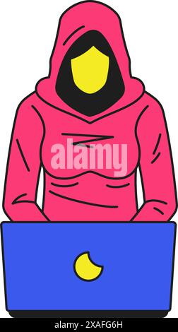 Y2K Frau Hacker verwenden Laptop Online Gaming Cartoon Charakter groovy Icon Vektor flache Illustration. Zeitgenössische Frauen durchsuchen Internet-Cyberspace auf dem pc Stock Vektor
