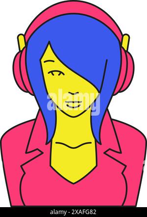 Y2K Moderne Frau in Kopfhörer DJ Cyberspace Gamer trendy groovy Stil Icon Vektor flache Illustration. Weibliches Porträt in Ohrhörern, die Musik hören pla Stock Vektor