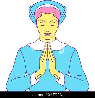 Y2K Nonne mit betenden Händen posieren spirituelle religiöse Zeichentrickfigur groovy Icon Vektor flache Illustration. Heilige Frau Gebet Religion Kultur Schwester Stock Vektor