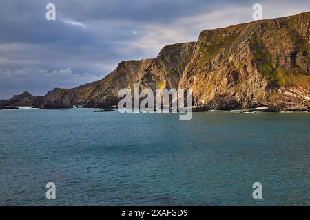 Die schroffen Klippen am Hartland Quay im Norden von Devon, Großbritannien, leuchten bei Sonnenuntergang. Stockfoto