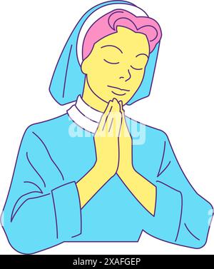 Y2K betende Nonne religiöse spirituelle Zeichentrickfigur groovy Stil Icon Vektor flache Illustration. Heilige Frauenporträts Religionskultur Gebetskomic Stock Vektor