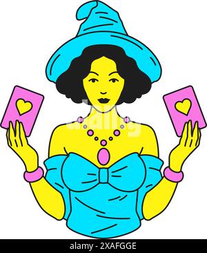 Y2K Frau Magier mit Herz spielt Karten Comic Cartoon Charakter groovy Icon Vektor flache Illustration. Weibliche Zirkuskünstlerin Jahrmarkt Unterhaltung p Stock Vektor