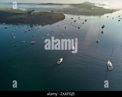 Ein Blick aus der Vogelperspektive auf die Kingsbridge Mündung bei Salcombe am frühen Morgen; Devon, Südwesten Englands, Großbritannien. Stockfoto