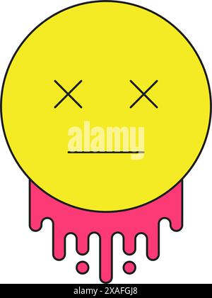 Y2K gelb schmelzender Smiley mit gekreuzten Augen Spiel über Cartoon Element groovy Stil Icon Vektor flache Illustration. Ein toter Emoticon-Pessimist ist nicht gerne auf den Kopf gestellt Stock Vektor