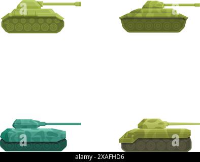 Tank-Symbole setzen den Cartoon-Vektor. Schwere Tarnausrüstung. Gepanzertes Militärfahrzeug Stock Vektor