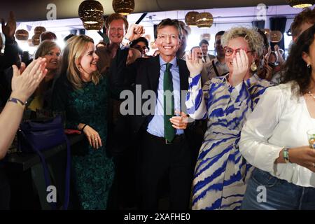 Gerben-Jan Gerbrandy, Parteivorsitzender der HAAG-D66, antwortet auf die vorläufigen Ergebnisse der Wahl niederländischer Abgeordneter für das Europäische Parlament. ANP RAMON VAN FLYMEN niederlande aus - belgien aus Stockfoto