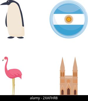 Argentinien Reise Icons setzen Cartoon Vektor. Verschiedene Wahrzeichen argentiniens. Südamerikanisches Land Stock Vektor