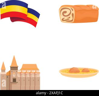 Rumänien Symbol Symbole setzen Cartoon Vektor. Verschiedene Attraktionen rumäniens. Reisekonzept Stock Vektor