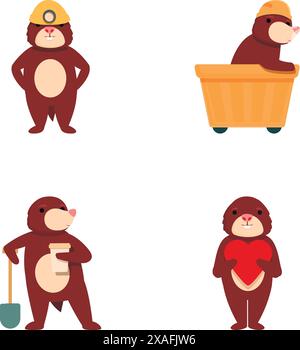 Niedliche Maulwurf-Ikonen setzen Cartoon-Vektor. Zeichentrickfigur. Lustiges Tier Stock Vektor