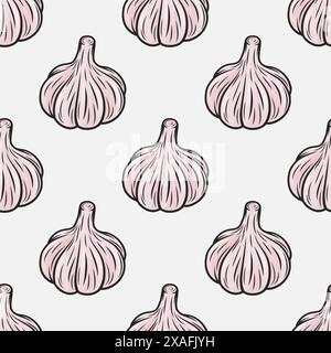 Vektor-nahtloses Muster mit Hand gezeichneter Knoblauchbirne auf weißem Hintergrund. Illustration Des Gemüsevektors. Ganzer Knoblauchkopf in flacher Ausführung. Würzen Stock Vektor