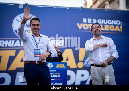 Rom, Rm, Italien. Juni 2024. MATTEO SALVINI (rechts, Vorsitzender der Lega-Partei) und General ROBERTO VANNACCI (links, Kandidat Nummer eins der Lega-Parteiliste) schließen die Europawahlen vor Hunderten von Anhängern der Lega-Partei ab. (Kreditbild: © Marco Di Gianvito/ZUMA Press Wire) NUR REDAKTIONELLE VERWENDUNG! Nicht für kommerzielle ZWECKE! Stockfoto