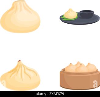 Leckere Baozi-Ikonen setzen Cartoon-Vektor. Baozi mit Bambus-Dampfkorb. Asiatisches Essen Stock Vektor