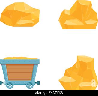 Symbole für das Mining-Konzept setzen den Cartoon-Vektor. Wagen voller Goldnugget. Goldmine Stock Vektor