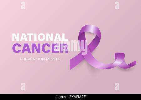 National Cancer Prevention Month, Februar. Banner, Karte, Plakat mit realistischem 3D-Vektor-Lavendelband auf Lavendelhintergrund. Krebsbewusstsein Stock Vektor