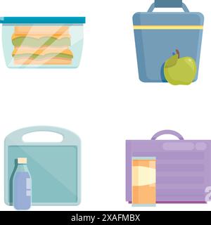 Illustration verschiedener Arten von bunten Lunchboxen und Lebensmittelbehältern, ideal für die Zubereitung von Mahlzeiten Stock Vektor