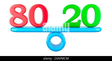 Pareto-Prinzip 80 auf 20 Anstrengungen und Ergebnis. 3D-Rendering isoliert auf weißem Hintergrund Stockfoto