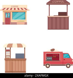 Sammlung von vier verschiedenen Illustrationen im Café und Kiosk Stock Vektor