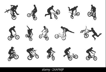 BMX-Radsport-Silhouette, BMX-Stunt-Silhouette, BMX-Radfahrer-Silhouette, BMX-Silhouette Stock Vektor