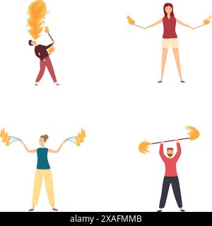 Vektorsammlung von vier Personen, die Feuerjonglierfähigkeiten und Leistungsfähigkeiten zeigen Stock Vektor